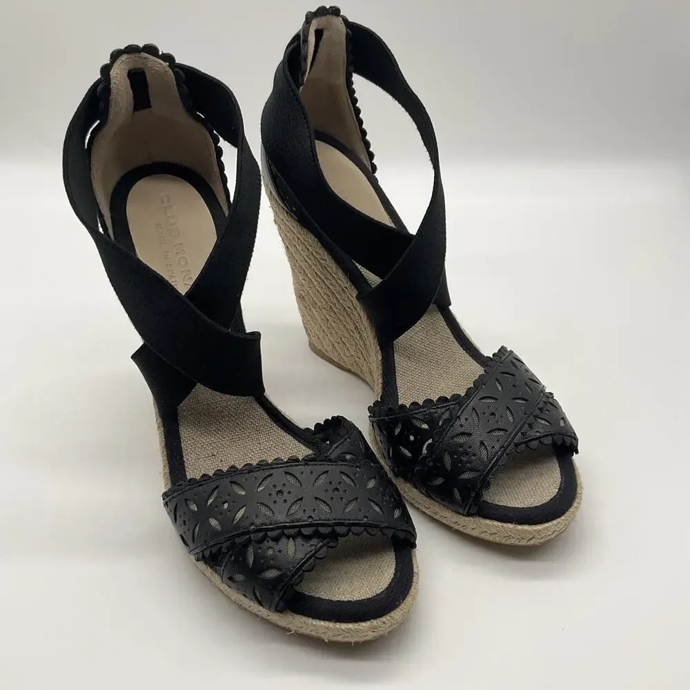 Black Wedge Espadrille Sandals Laser‑Cut Faux Leather Club Monaco Size 7.5‎ US